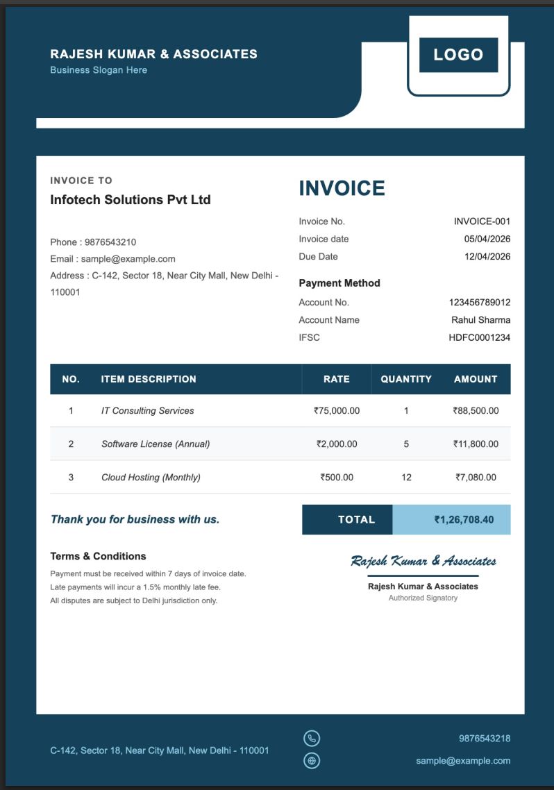Free GST invoice template with tax breakup and HSN codes — BillCraft Classic Dark theme for Indian businesses