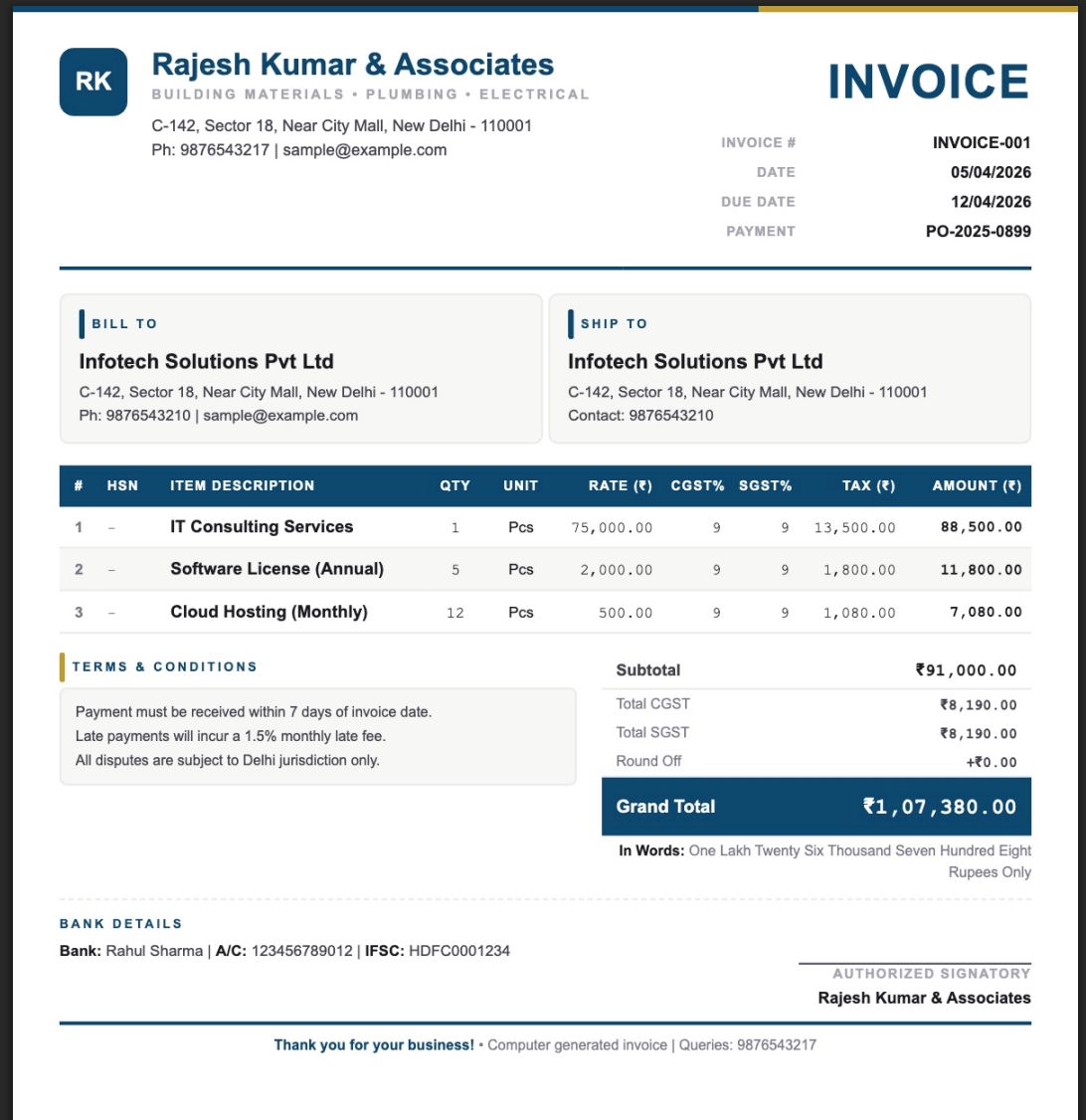 Professional GST tax invoice template with CGST SGST IGST breakup — BillCraft Professional theme