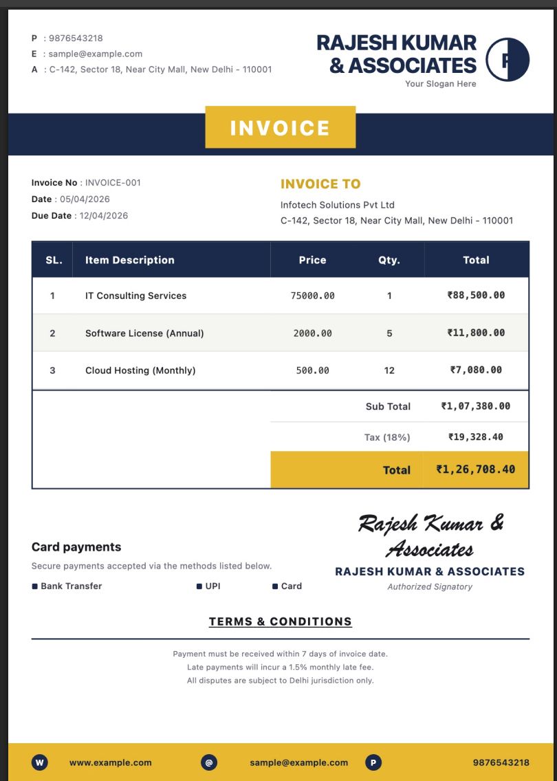 Workshop and freelancer invoice template with clean layout — BillCraft creative studio theme