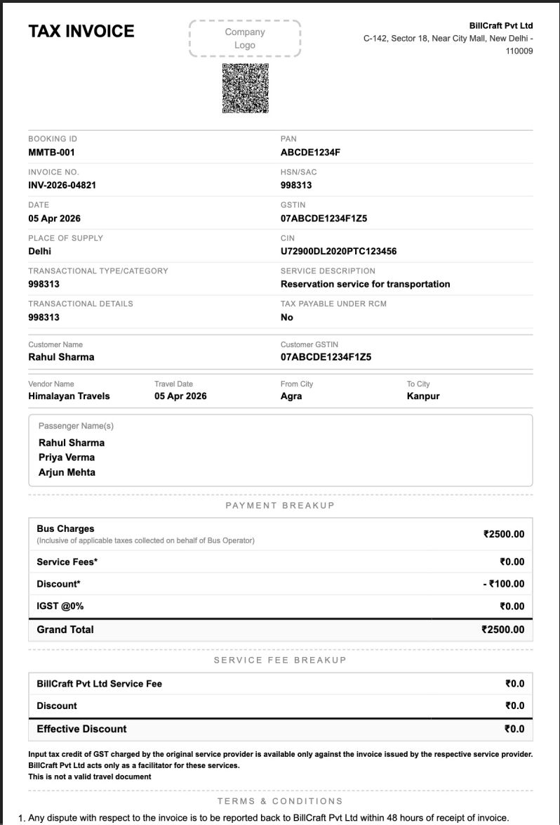 Print-ready clean tax invoice template with HSN and amount-in-words — BillCraft Clean theme